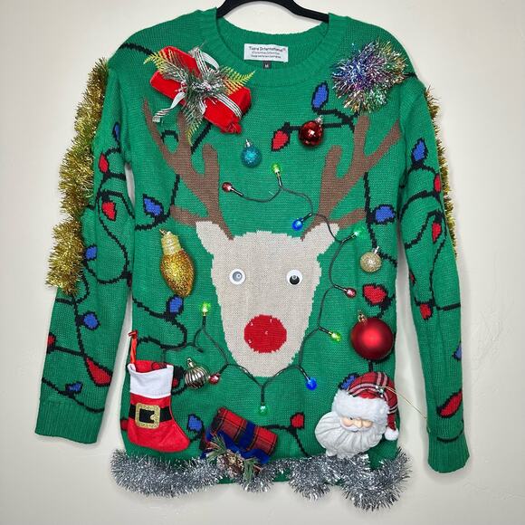 Ugly Christmas Sweater Rudolph Reindeer LIGHTS UP Tinsel Party Winner Medium - Picture 1 of 5